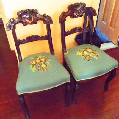 Sale Photo Thumbnail #229: VICTORIAN 19TH C. CARVED WALNUT FRUIT NEEDLEPOINT SEAT CHAIRS