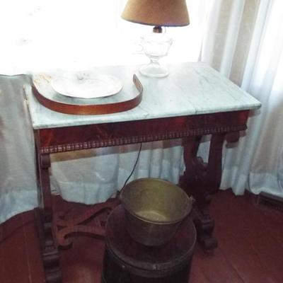 Sale Photo Thumbnail #220: ANTIQUE FLAME MAHOGANY OPEN DESIGN BASE TRESTLE TABLE WITH MARBLE TOP
