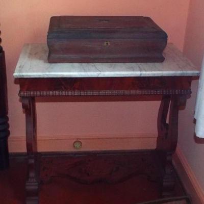 Sale Photo Thumbnail #197: ANTIQUE FLAME MAHOGANY OPEN DESIGN BASE TRESTLE TABLE WITH MARBLE TOP