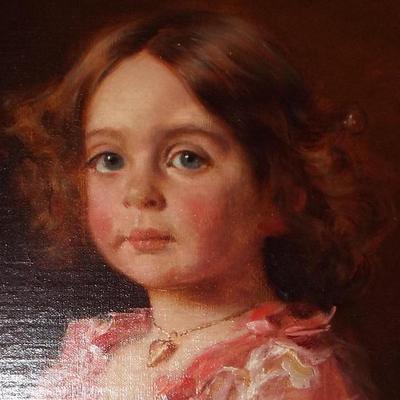 ANTIQUE FRAMED “PINK GIRL WITH BLUE EYES” CLASSIC OIL PAINTING ON CANVAS
