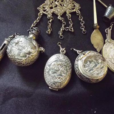 ANTIQUE ART NOUVEAU (1890) STERLING CHATELAINE WITH 7 DANGLING ITEMS