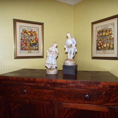 Sale Photo Thumbnail #167: 18TH C. MEISSEN CROSSED SWORDS BISQUE LARGE MAN & WOMAN LOVERS FIGURES (A COUPLE FINGER CHIPPED) ON ANTIQUE 19TH C. FLAME MAHOGANY DRAWER & DOOR CABINET