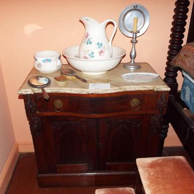 Sale Photo Thumbnail #205: ANTIQUE MAHOGANY SERPENTINE FRONT WASH STAND W/ DRAWER AND DOORED FRONT MARBLE TOP