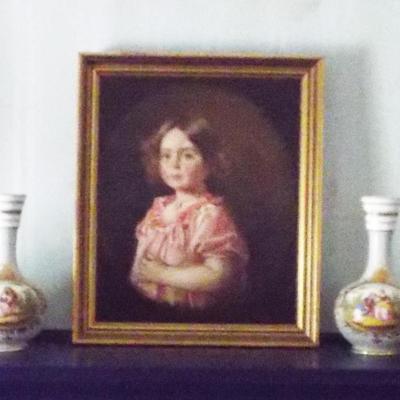 ANTIQUE FRAMED “PINK GIRL WITH BLUE EYES” CLASSIC OIL PAINTING ON CANVAS