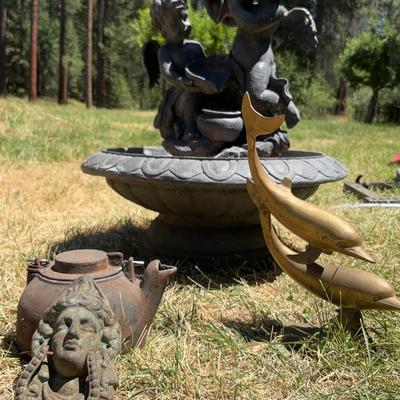 Lot Of 4 Unique Decor Items - Cast Iron Kettle, Door Knocker, Brass Dolphins & Cherub Fountain