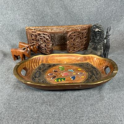 Hand Carved  Wooden Adjustable Bookend And Other Hand Carved Items