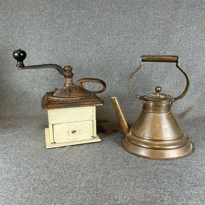 Antique Coffee Mill And Copper Tea Kettle 