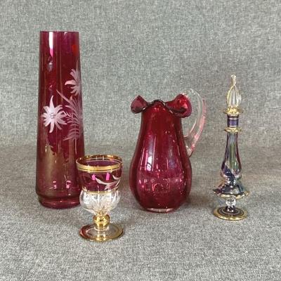 Vintage Cranberry Glass Vase, Pitcher And Cordial Glass. Art Glass Perfume Bottle.