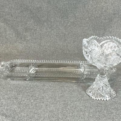 Vintage Glass Divided Tray And Cut Crystal Footed Candy Dish