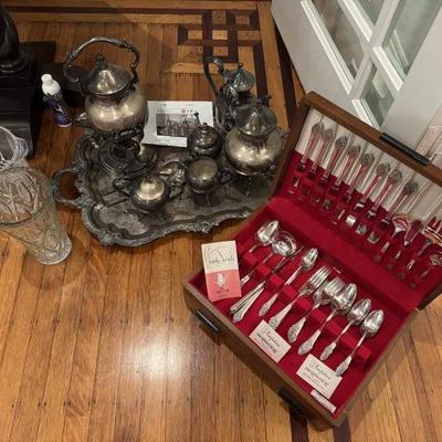 Silver plate over copper tea set and silver plate by Oneida ltd