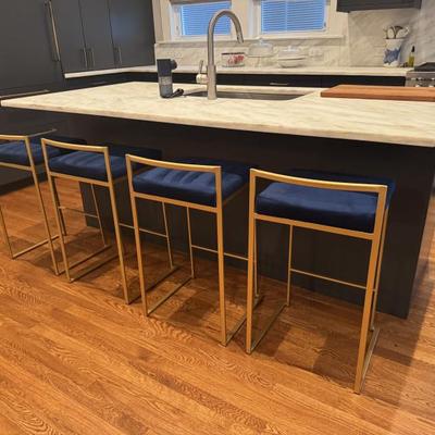 Like new 4 blue velvet and gold barstools