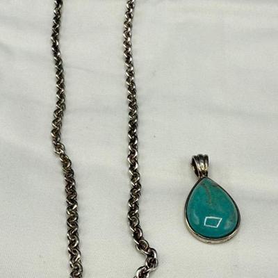Vintage Sterling Silver Chain With Turquoise Pendant 