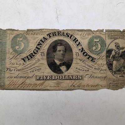 1862 $5 Virginia Treasury Note