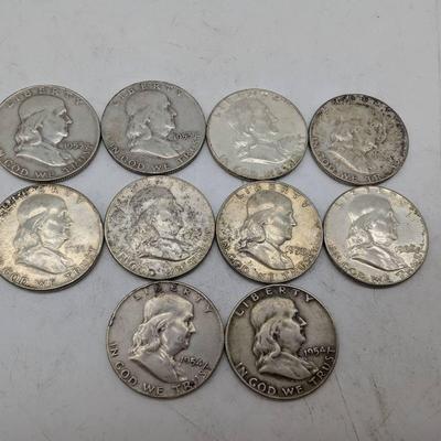 10 Silver Franklin Half Dollars.. 1951-1963