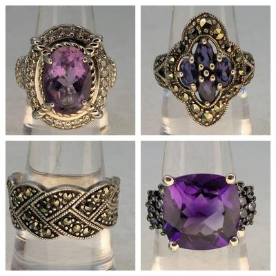 4 Sterling Rings, Purple Stones