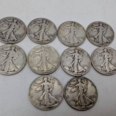 10 Walking Liberty Half Dollars ..1934-1947