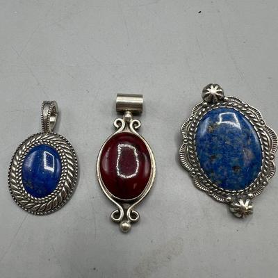 3 Sterling Pendants, Polished Stones 
