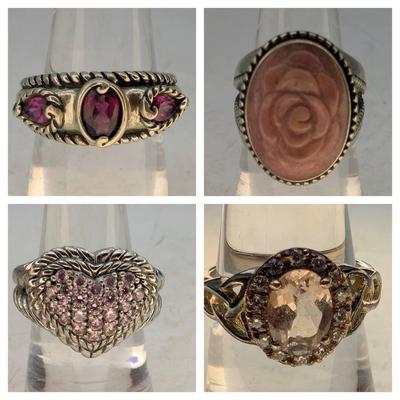 4 Sterling Silver Rings, Pink Stones