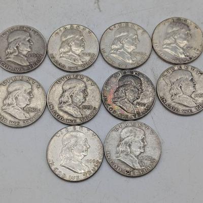 10 Silver Franklin Half Dollars...1949-1962