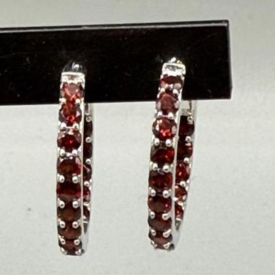 Sterling And Garnet Hoop Earrings 