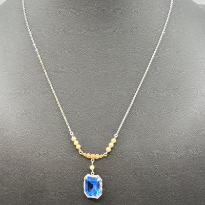 Antique Edwardian Filigree Blue Paste Stone Pendant 10k White Gold Chain