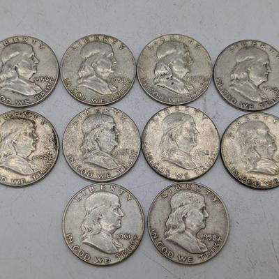 10 Silver Franklin Half Dollars ...1951-1962