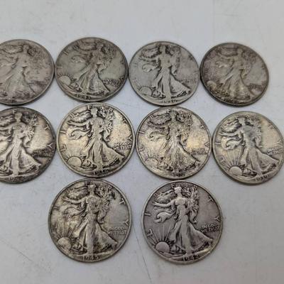 10 Walking Liberty Half Dollars...1936-1945