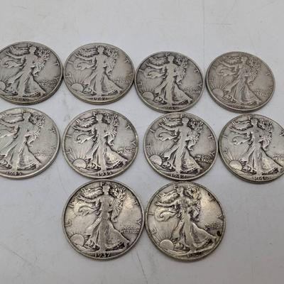 10 Walking Liberty Half Dollars ...1937-1947