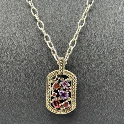 Sterling Silver Garnet Amethyst & Marcasite Pendant And Chain CNA Thailand 