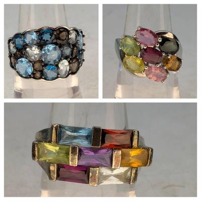 3 Sterling Rings, Multi-colored Stones