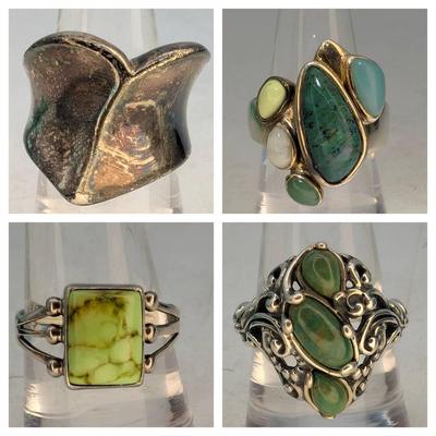 4 Sterling Rings, Green Stones