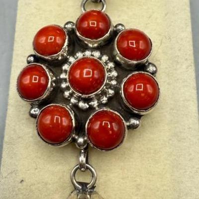 Vintage Bea Tom Red Coral And Sterling Handmade Navajo Pendant 