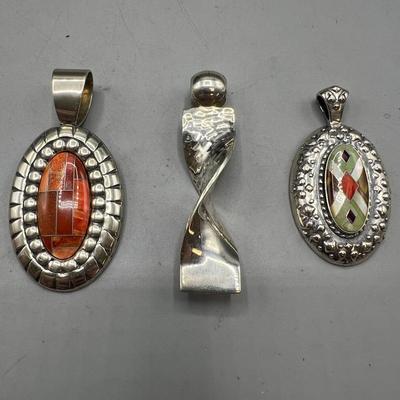 3 Sterling Pendants, Geometric Inlay