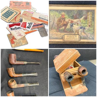 Lot With Smoking Pipes And Case, Paper Ephemera, Cane Sugar Bags, And A Framed Dog