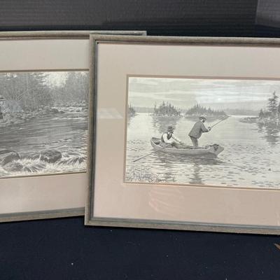 Two Watercolor Paintings Fishing By AB Frost
