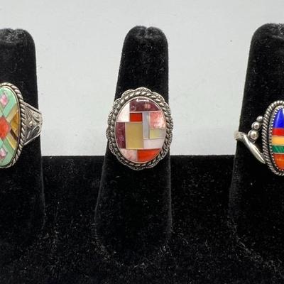 3 Sterling Rings With Stone Inlay