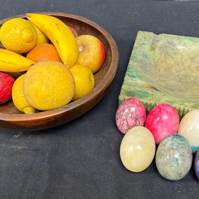 Bowl Of Faux Fruit, Eggs, And A Green Ashtray