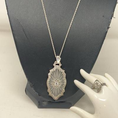 Sterling Silver Necklace And Ring Set Designed With Camphor Glass