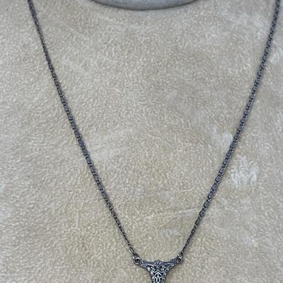 Vintage Onyx With Diamond Pendant Necklace In Sterling Silver