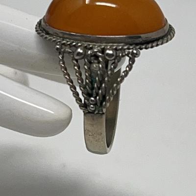 Amber Stone Ring In Sterling Silver 