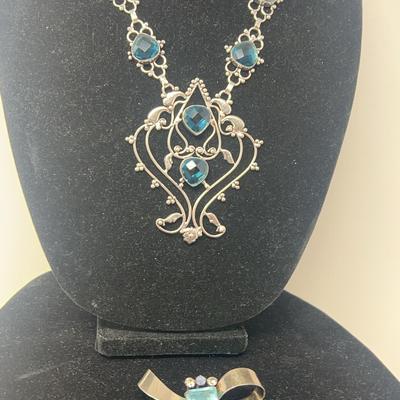Sterling Topaz Deco Pin And Necklace