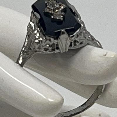 Onyx With Clear Stone Pendant Sterling Silver Ring