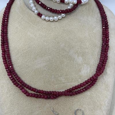 Ruby And Pearls Necklace, Bracelet  And Earrings Set