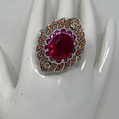 Multicolored Gemstones With Large Ruby At The Center In Sterling Silver Ring