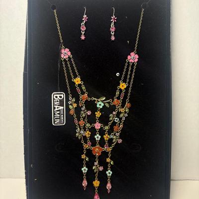 Ben-Amun Multi-Strand Enamel Flower Necklace & Earrings Set, NIB
