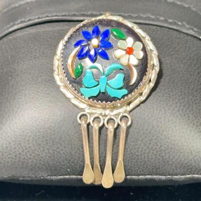 Zuni Calavaza Sterling & Gemstone Flower Brooch/Pendant