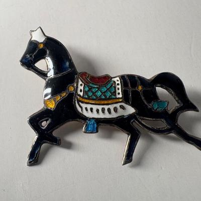 Vintage Siam Sterling & Enamel Dark Blue Horse Brooch