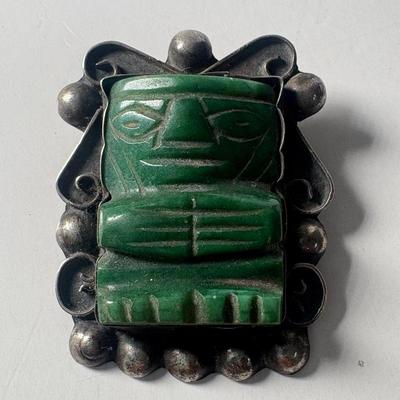 Vintage Mexican Sterling & Carved Mayan Tribal Brooch