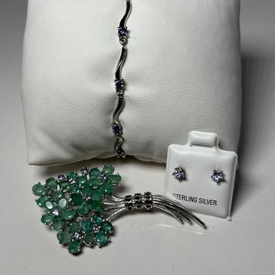 925 & Gem Stone Brooch, Bracelet & Earrings 