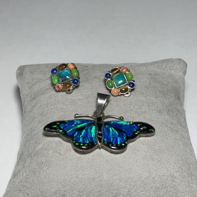 Inlaid Silver Butterfly Pendant & Stone Sterling Earrings